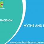A blue and white background with white text that dispels Circumcision Myths And Fact.
