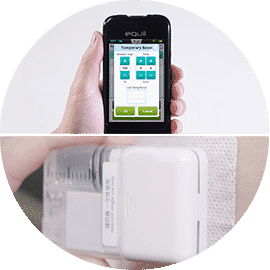 Two pictures of a person holding a mobile phone and a tubeless insulin pump device.