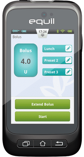 Equil - tubeless insulin pump with screenshot.