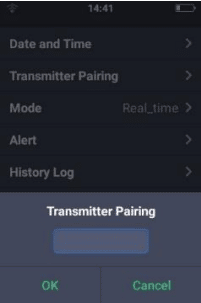 A screenshot of the transmitter pairing screen on an iPhone for a tubeless insulin pump.