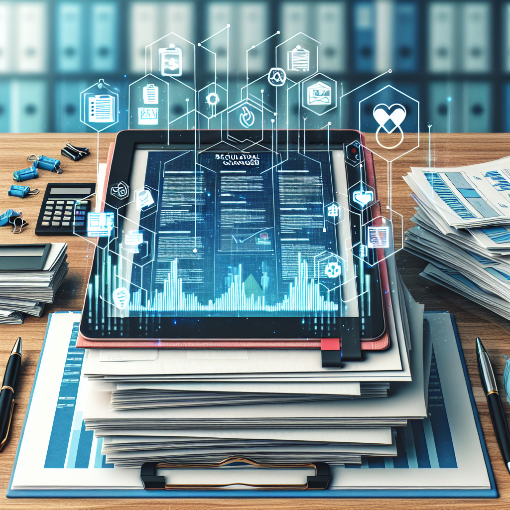 A cluttered desk with paperwork, a tablet displaying digital data and icons, and a calculator, illustrating the concept of digital and paper data management in compliance with EMR regulations.